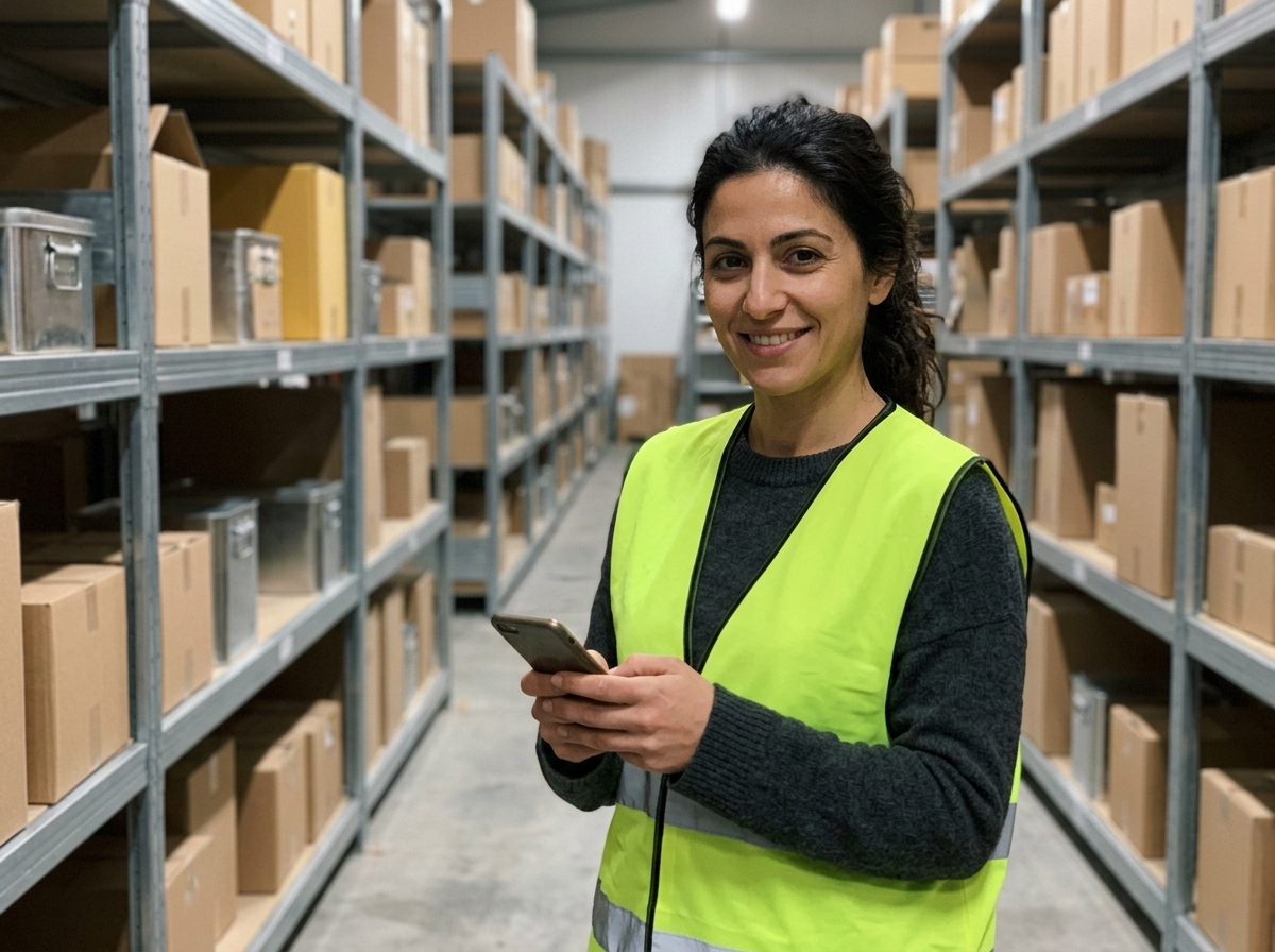 Mediterranean logistics supervisor in a distribution center checking operational directive on mobile