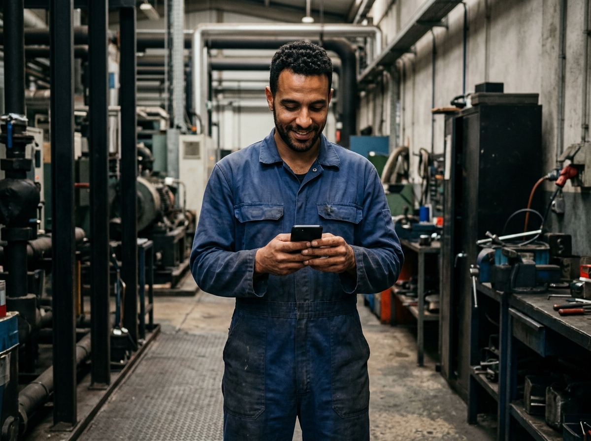 Plant technician in overalls on the production floor checking an operational update on mobile