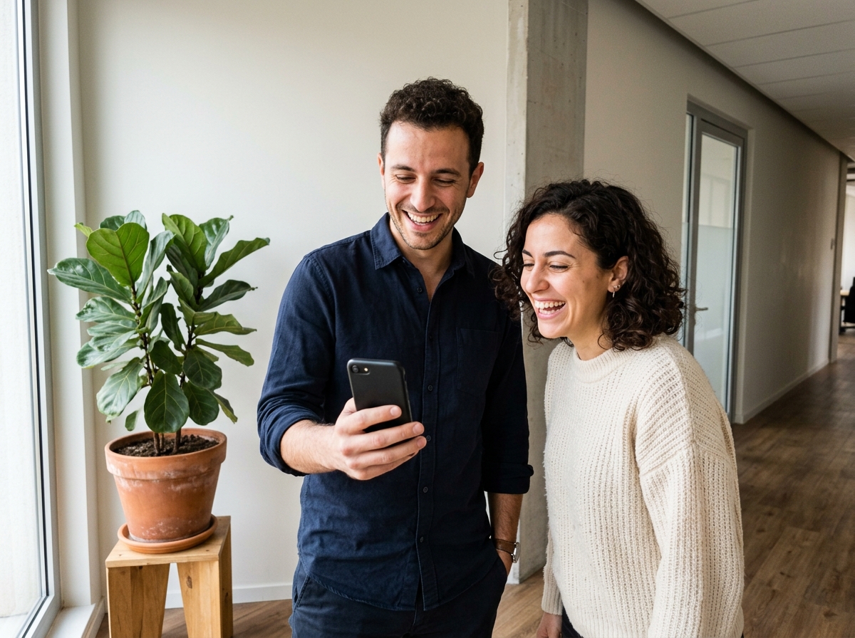 Mediterranean colleagues sharing a candid smile while viewing an internal update on a smartphone